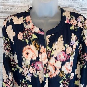 Daniel Rainn Floral Print Navy Long Sleeve Dress Drawstring Waist 3/4 Sleeves M